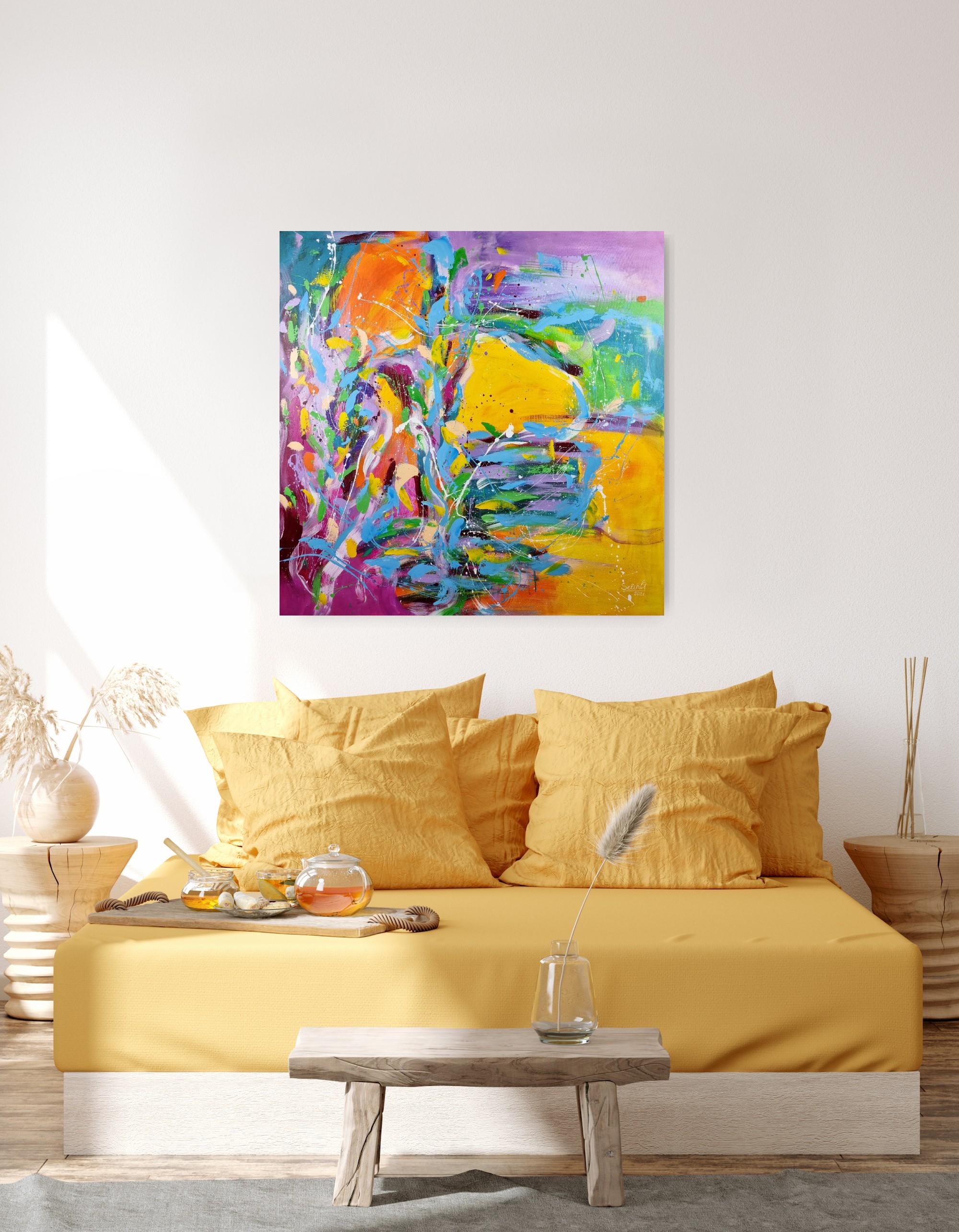Hometown, Modern Colorful Abstract Painting 100x100cm by Anna Selina For Sale 3