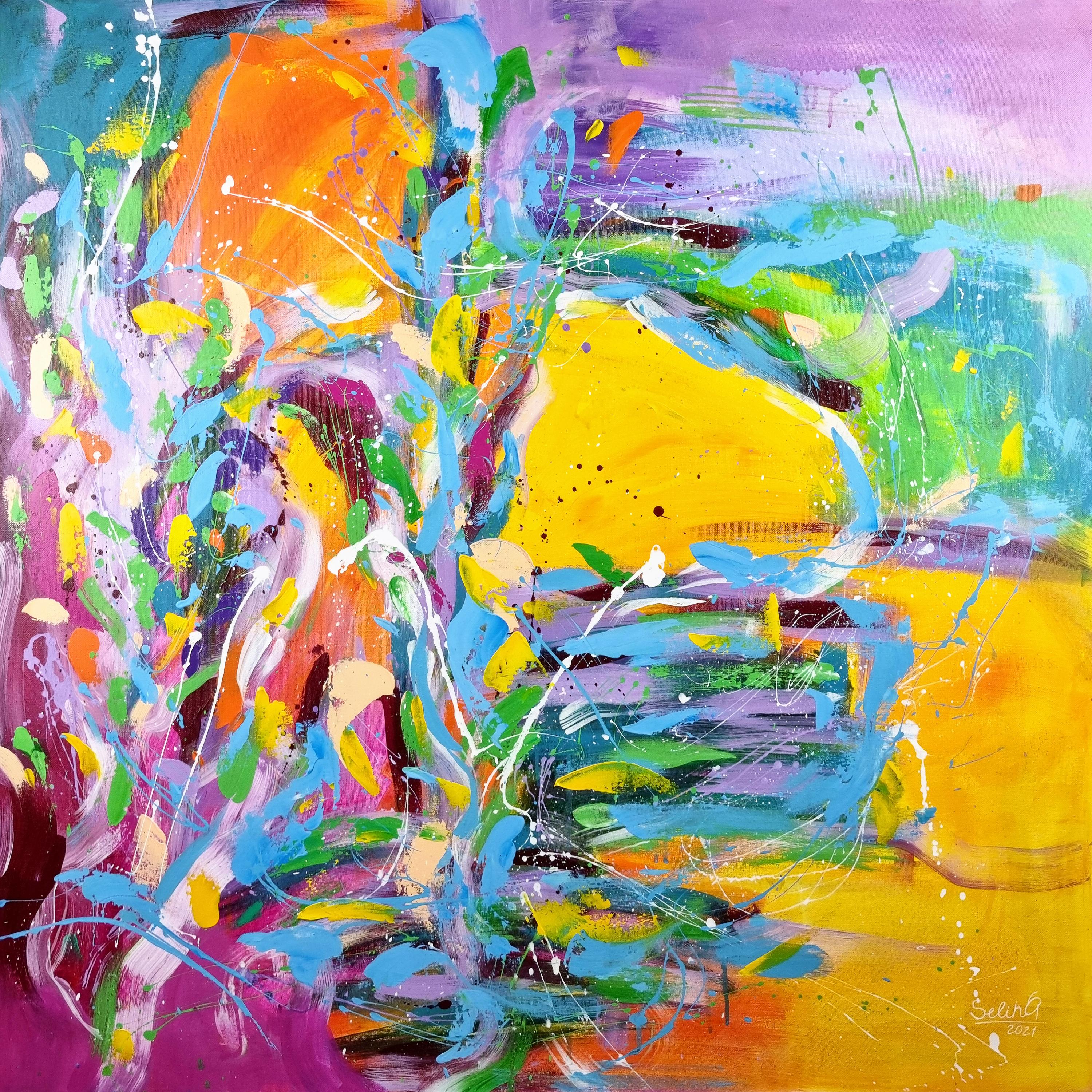Hometown, Modernes farbenfrohes abstraktes Gemälde 100x100cm von Anna Selina