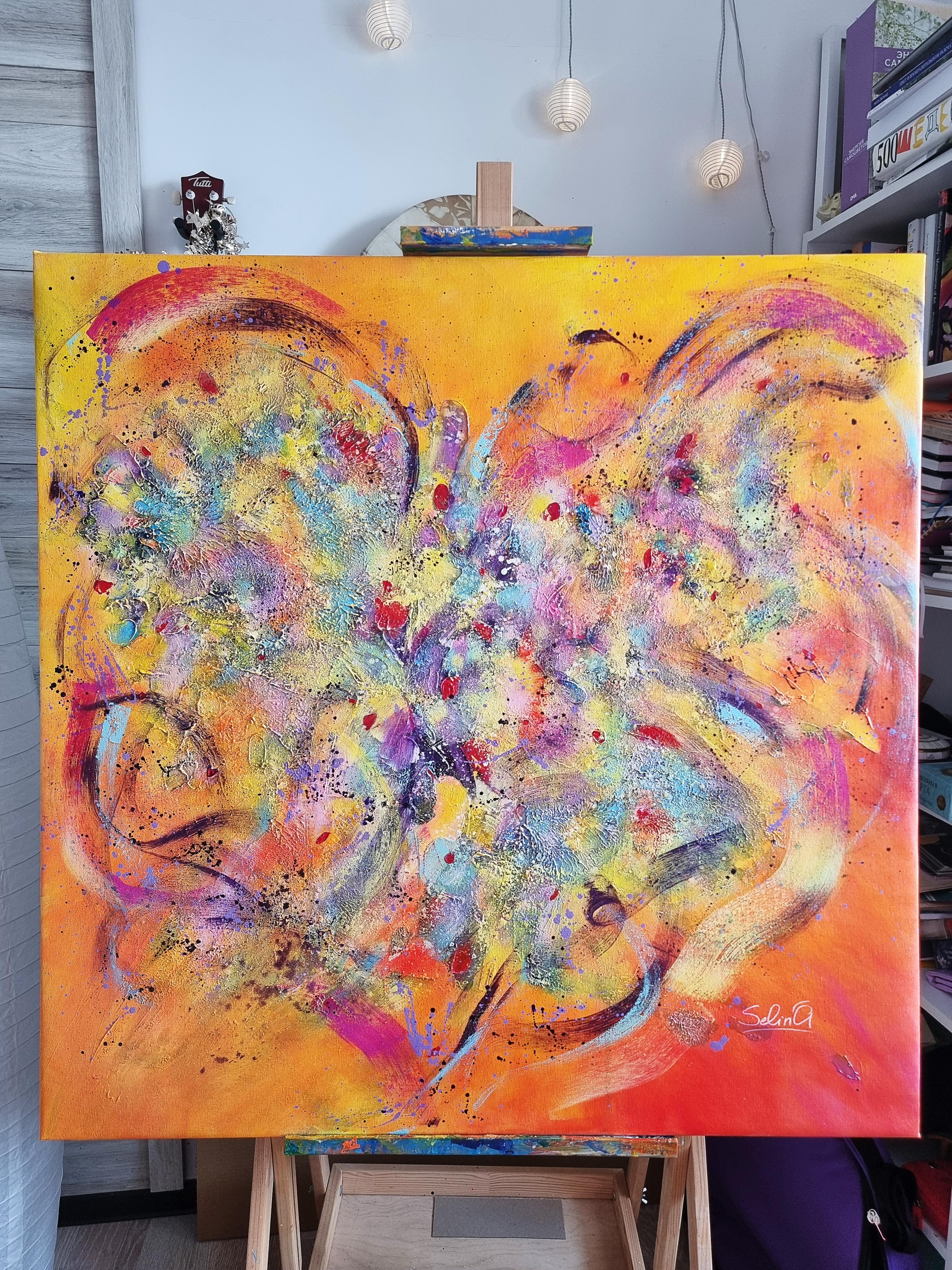 Love, moderne, peinture abstraite colorée 100x100cm d'Anna Selina en vente 1
