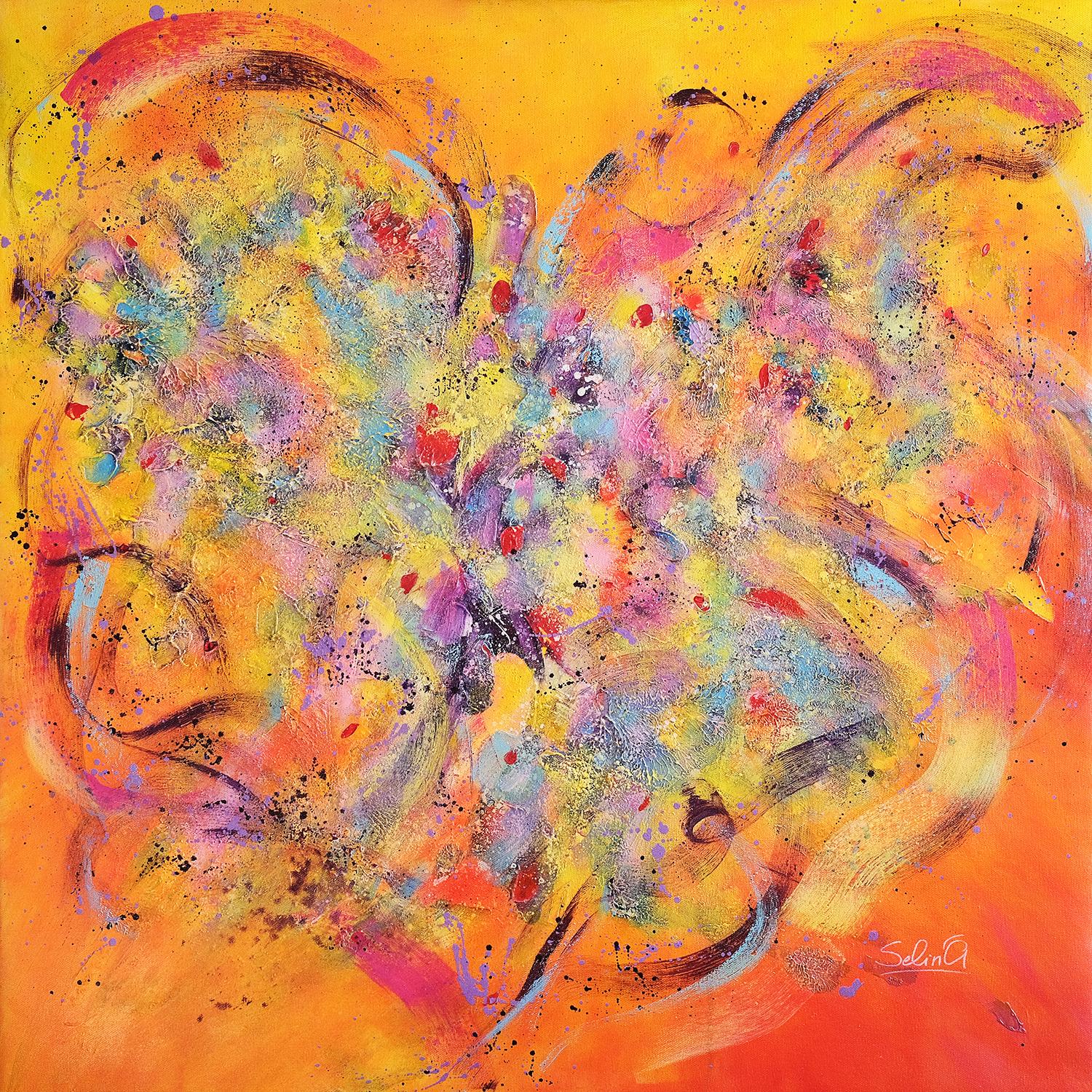 This artwork is about love, my love to colors, to life itself. It's a bit childish and full of miracles, when you feel that everything is possible.The main color here is orange- color of happiness, joy, life energy. 
Bright colors bring bright