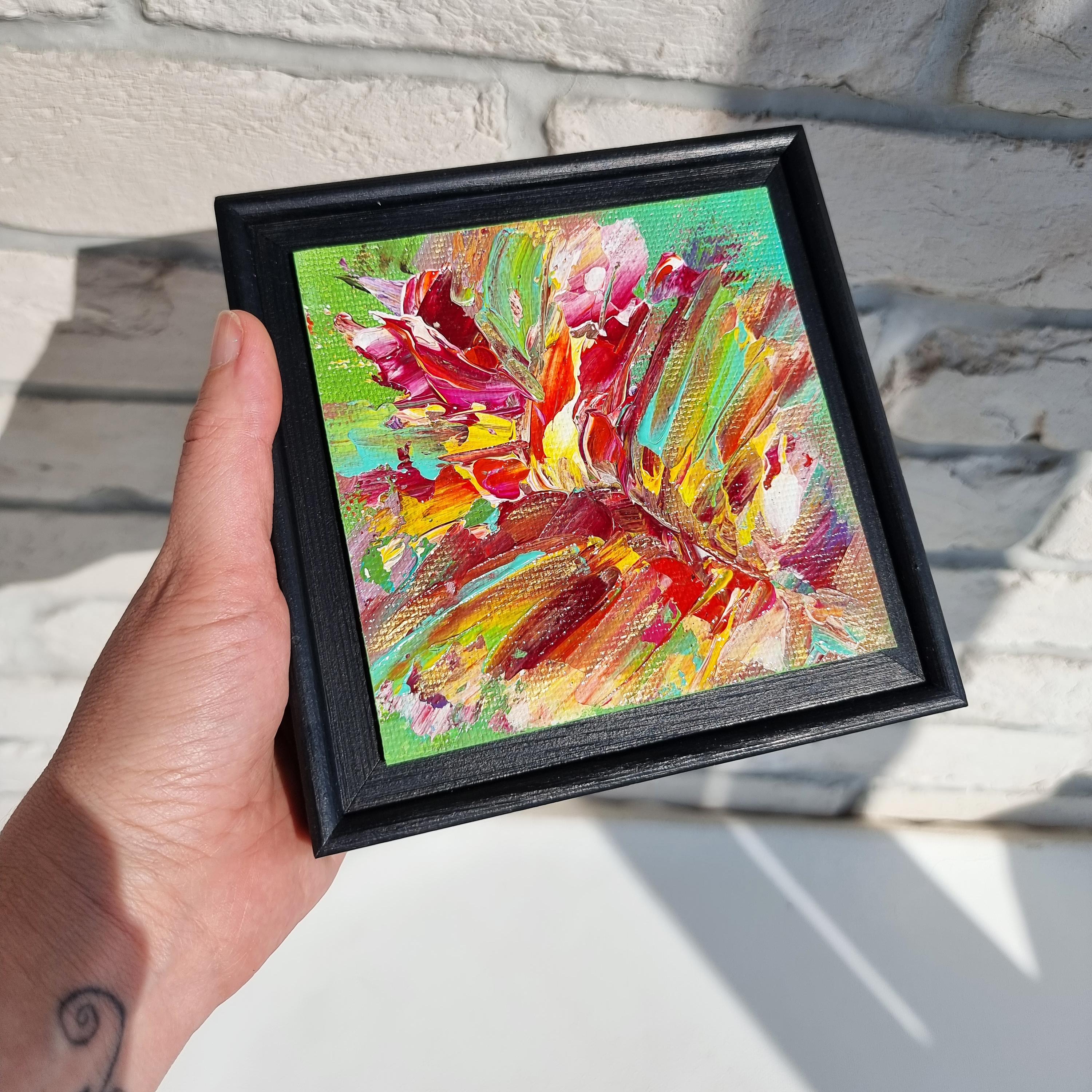 Mini abstraction 2, peinture abstraite colorée moderne de 15 x 15 cm d'Anna Selina 3