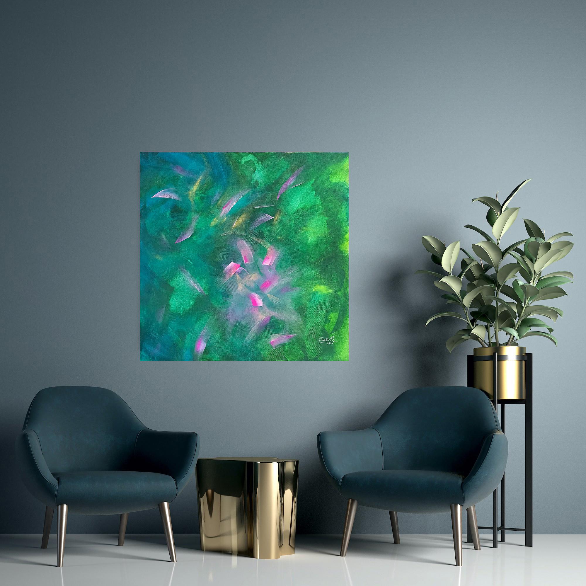 Jardín misterioso, Pintura Abstracta Colorista Moderna 100x100cm by Anna Selina en venta 5