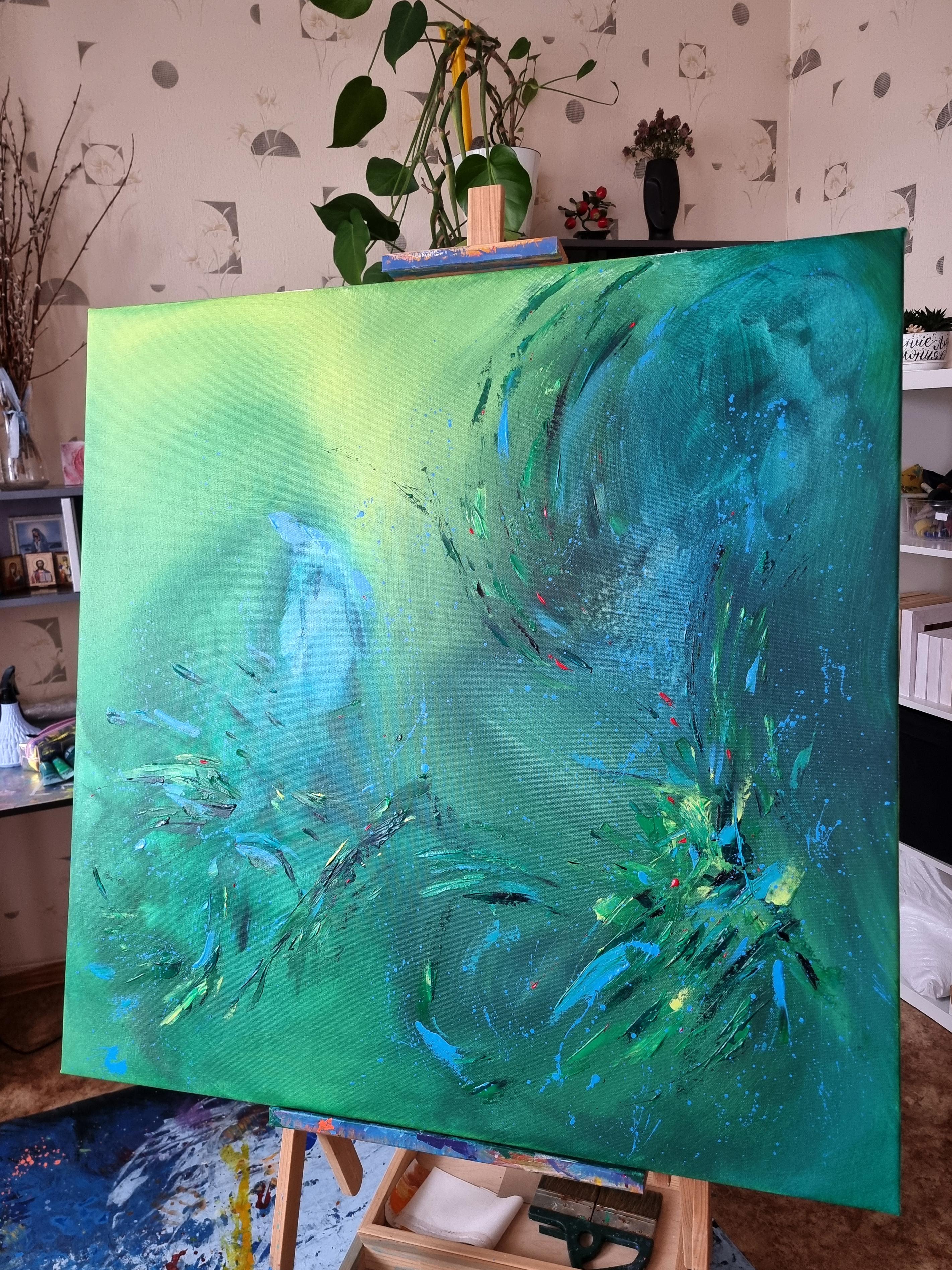 Mistero del Nuovo Mondo, pittura astratta moderna e colorata 100x100cm di Anna Selina in vendita 5