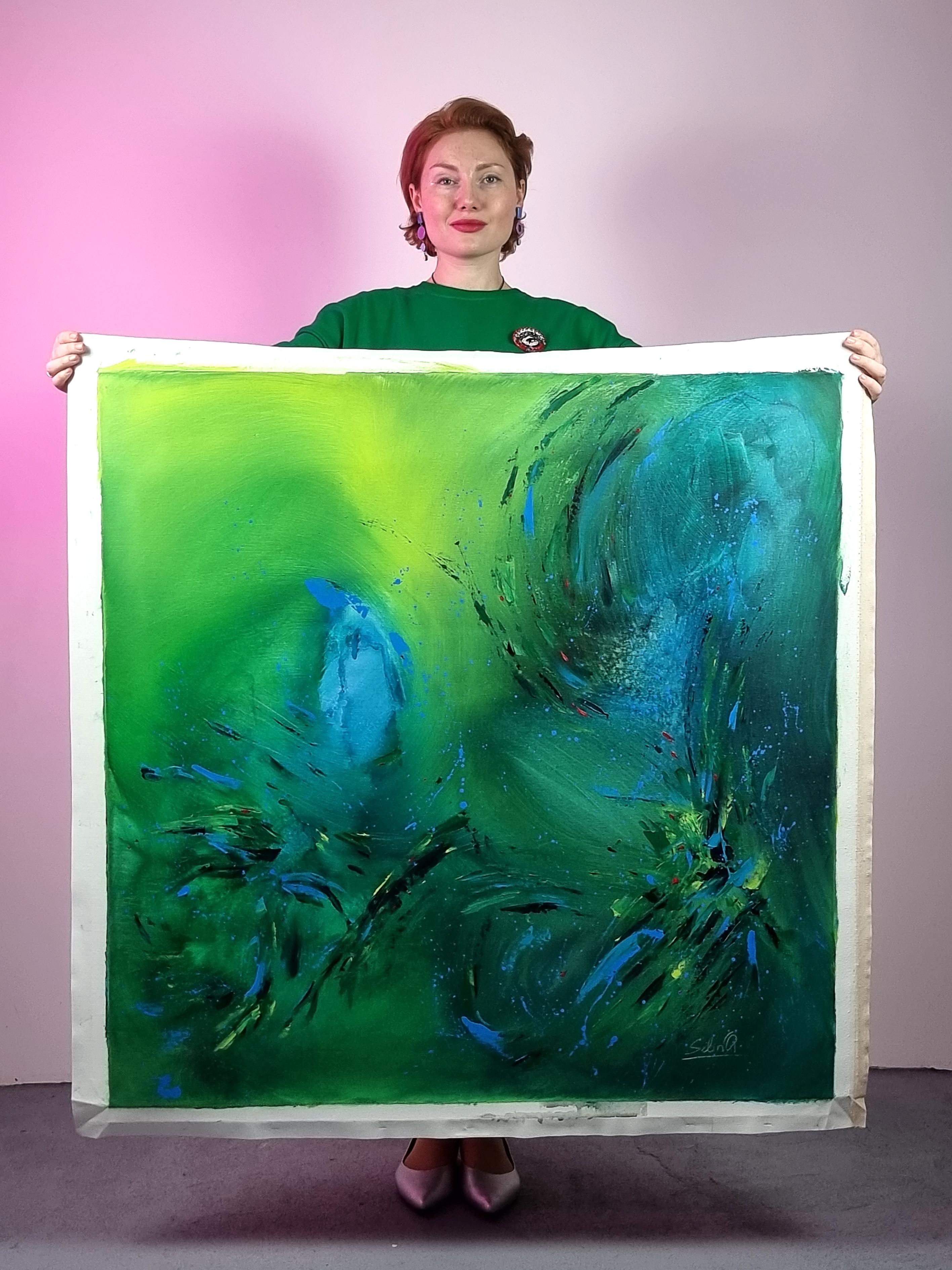 Mystery of New World, peinture abstraite colorée moderne 100x100cm d'Anna Selina en vente 8