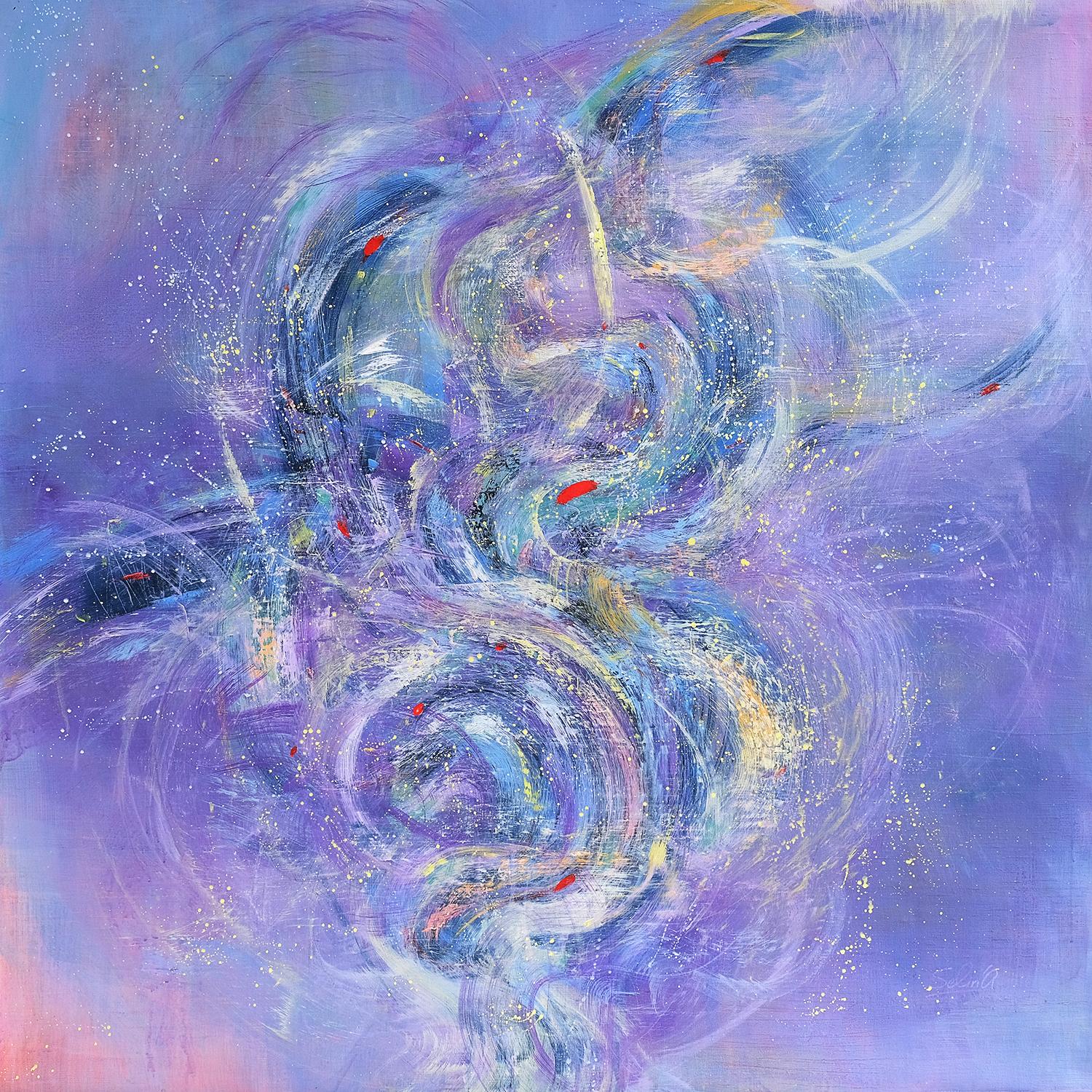 This painting is very spiritual and philosophical view of new energies in the world. Energies of transformation, changes and growth. Violet is one of the most mystical color of spirituality. This painting is very dynamic, but in the same time full
