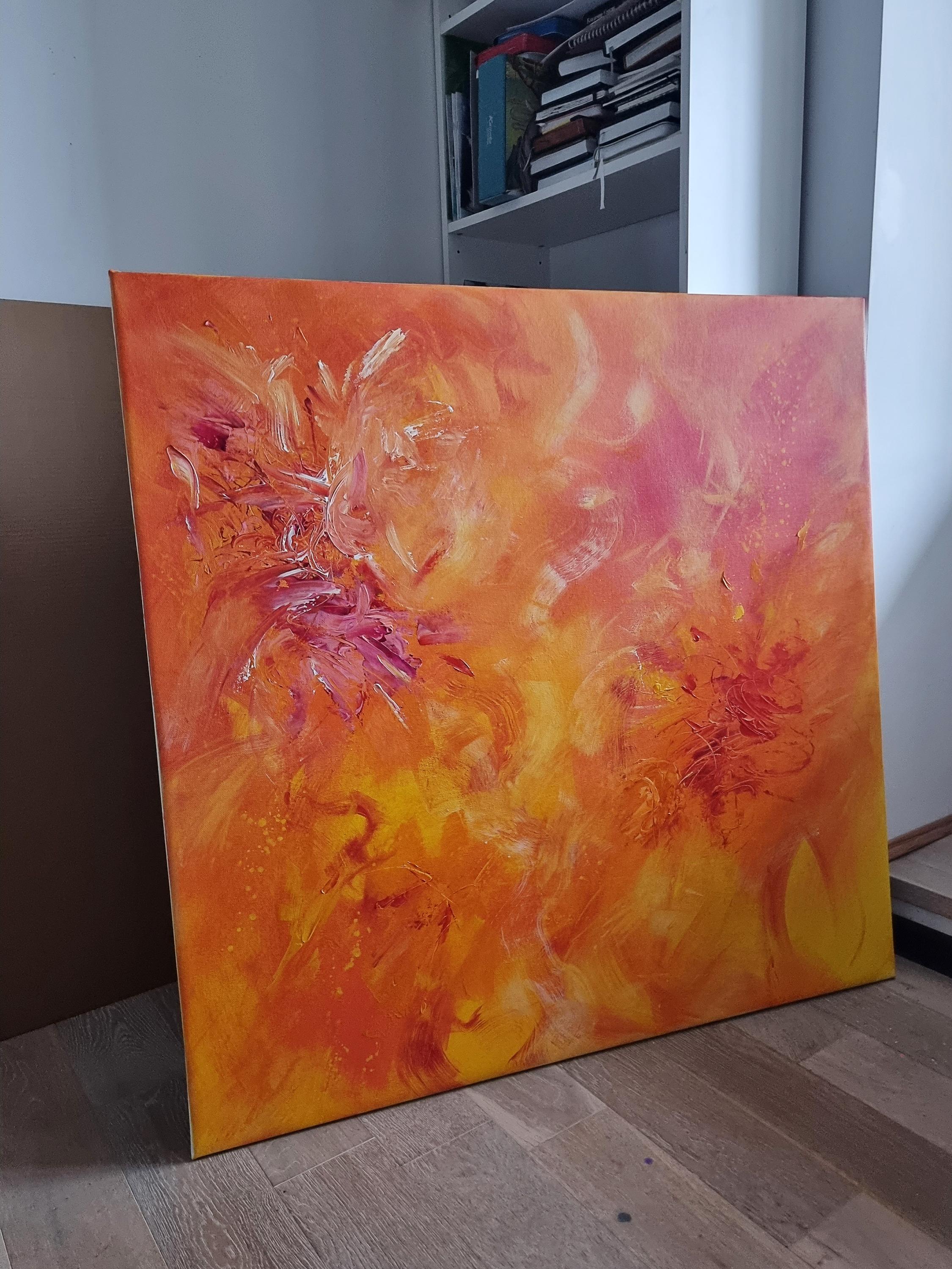 Phoenix. Contemporary Orange Abstract Painting 100x100cm by Anna Selina For Sale 2