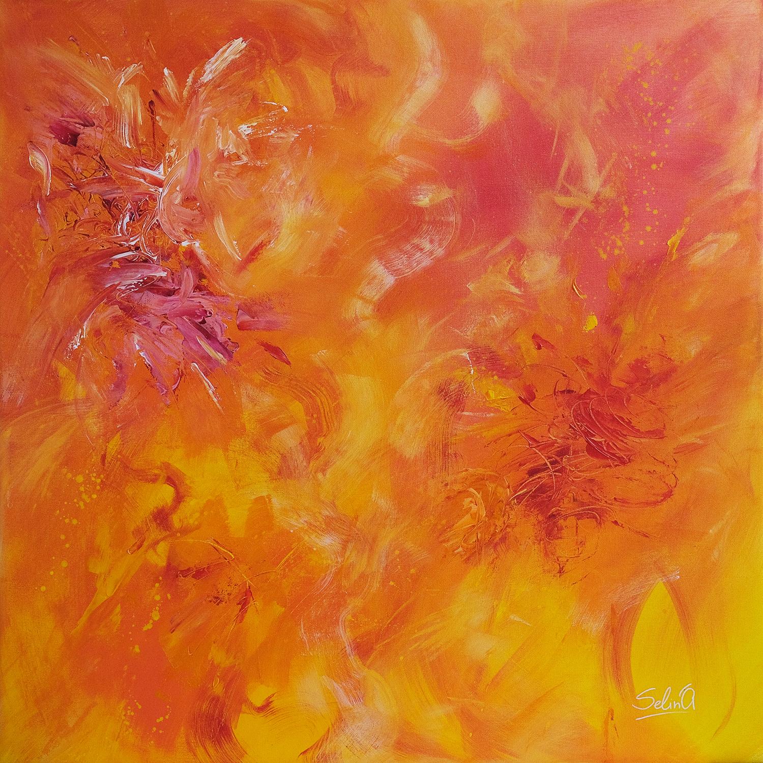 Phoenix. Contemporary Orange Abstraktes Gemälde 100x100cm von Anna Selina