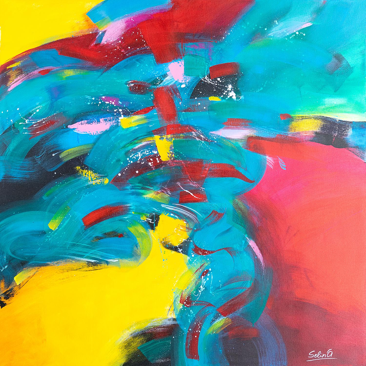 This abstract painting is like a plexus in a dance, of two different energies. And in result of this plexus, there is something new and original.
Here I use bright open colors, such as: red,yellow,blue. Red is life energy, activity, pulse of