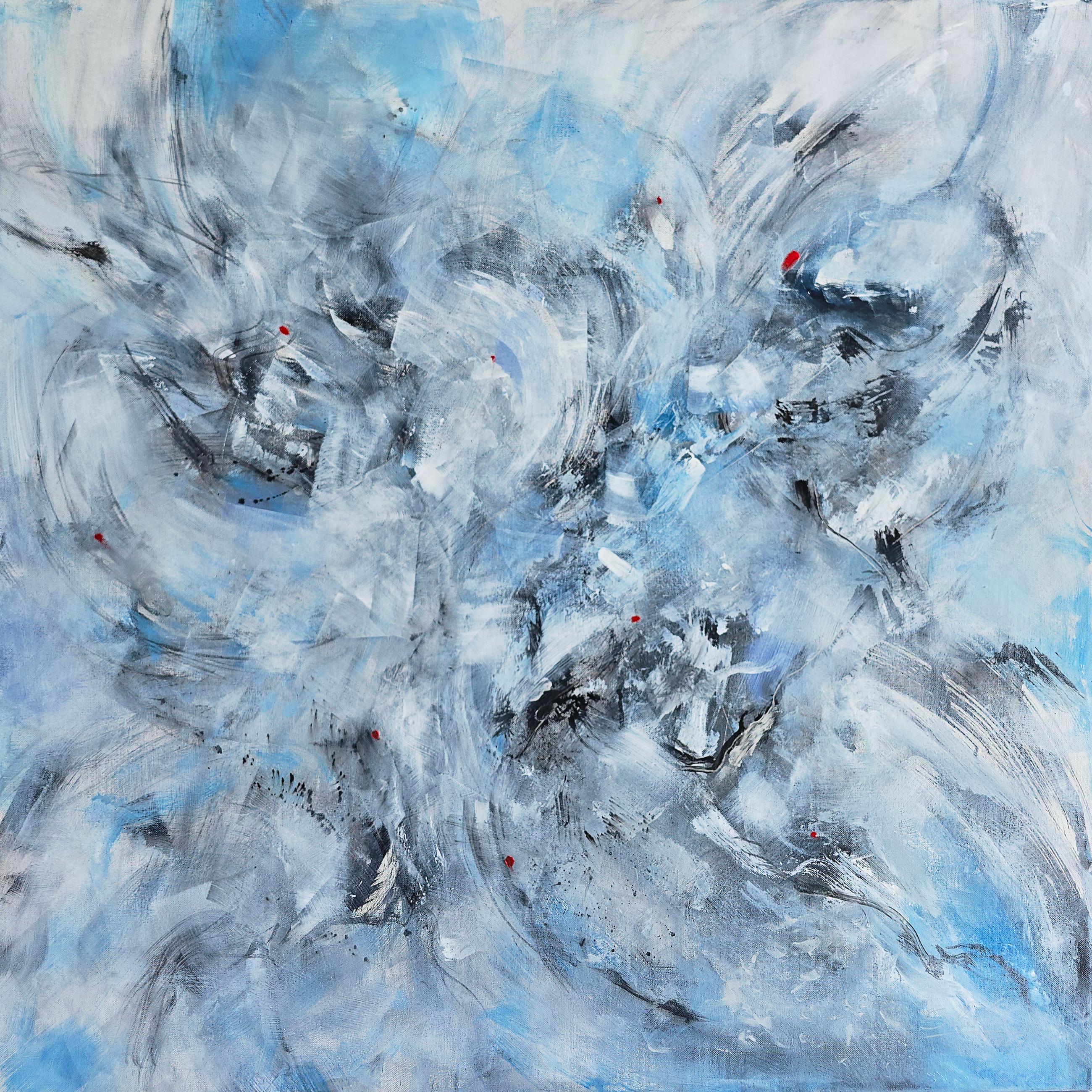 Dieses Kunstwerk ist eine fesselnde abstrakte Komposition, die von wirbelnden Schattierungen von eisigem Blau und sanftem Weiß dominiert wird und eine dynamische, jenseitige Atmosphäre schafft. Die flüssigen, ausladenden Pinselstriche erwecken den