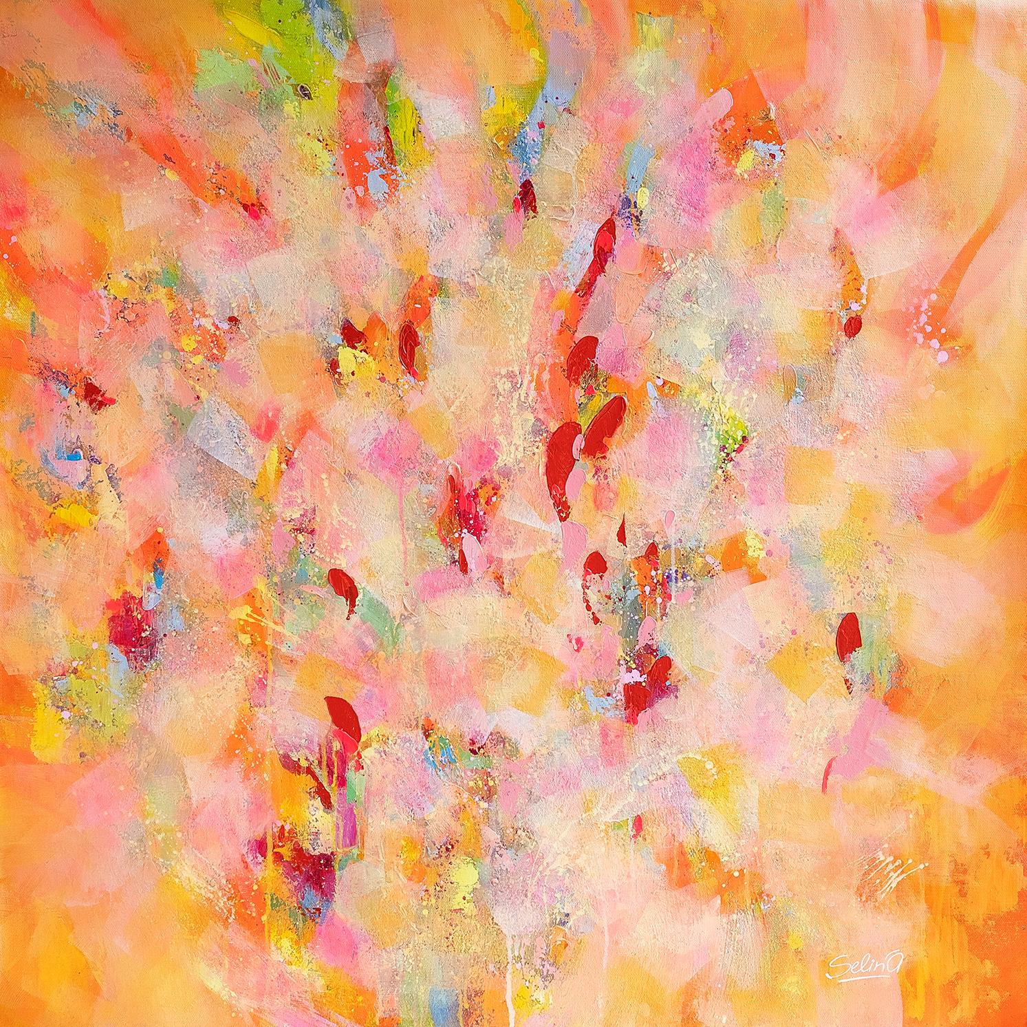 This artwork is full of air and joy in bright positive colors. The main color here is orange- color of happiness, joy, life energy.
Bright colors bring bright energy into your space and this painting will relax your mind and harmonize your