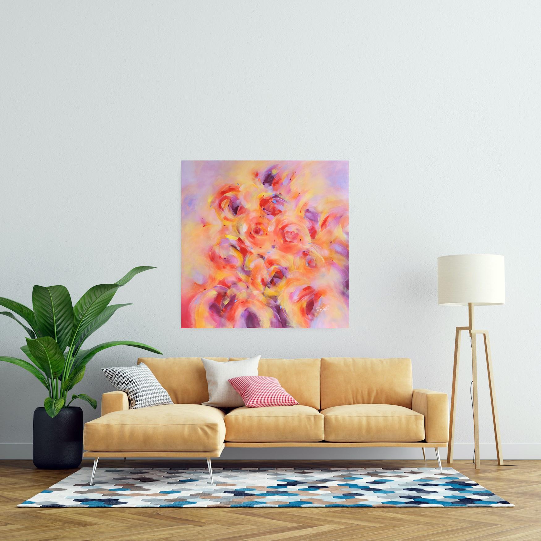 Tenderness, Modern Colorful Abstract Painting 100x100cm by Anna Selina For Sale 1