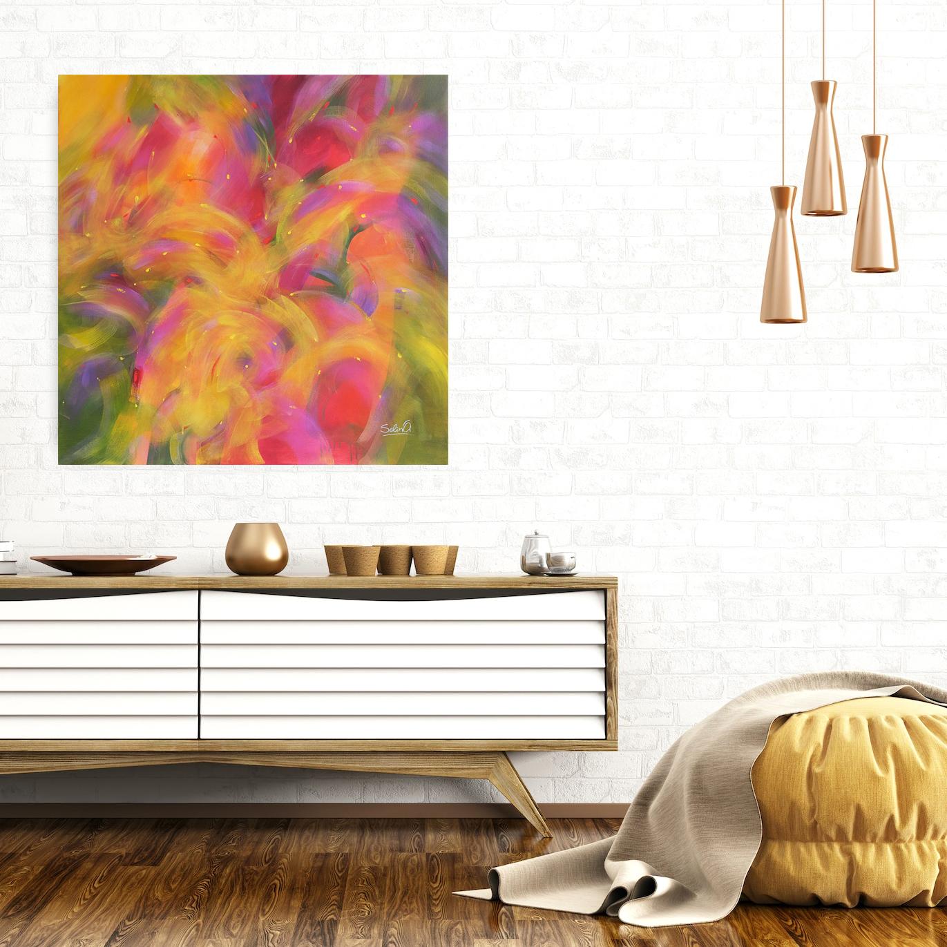 Warmes Licht, modernes, farbenfrohes abstraktes Gemälde 100x100cm von Anna Selina im Angebot 1