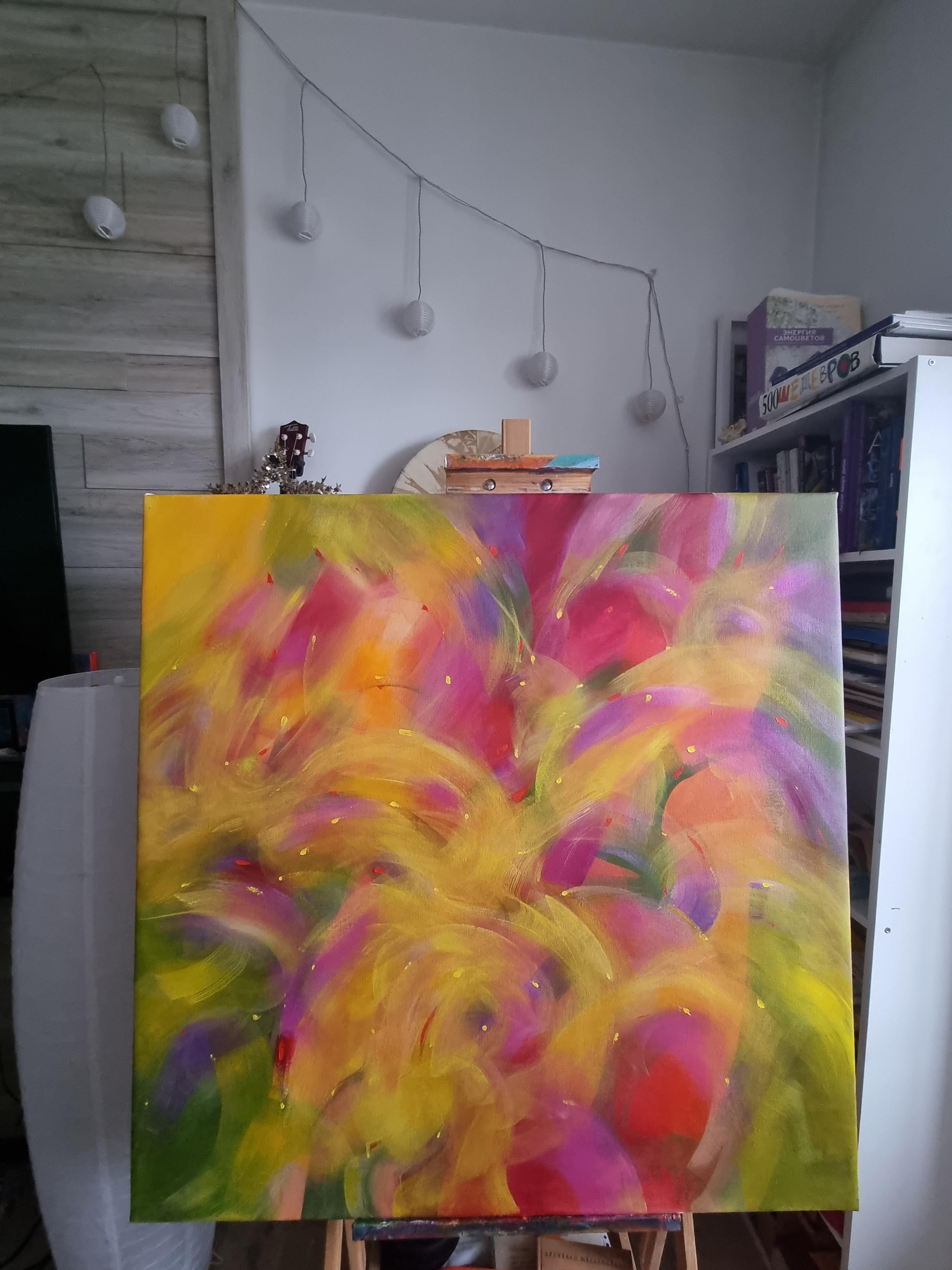 Warmes Licht, modernes, farbenfrohes abstraktes Gemälde 100x100cm von Anna Selina im Angebot 2