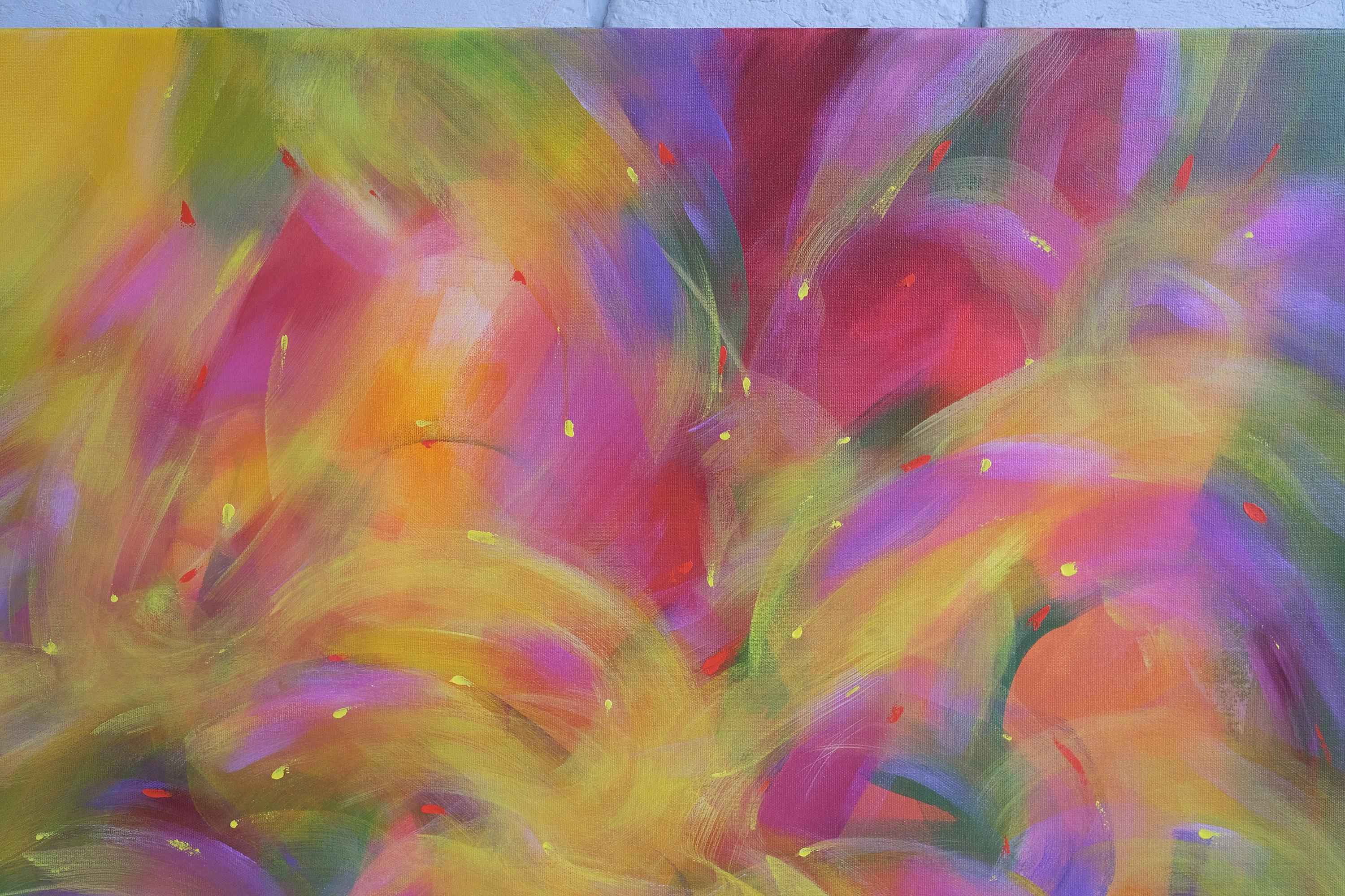 Warmes Licht, modernes, farbenfrohes abstraktes Gemälde 100x100cm von Anna Selina im Angebot 3