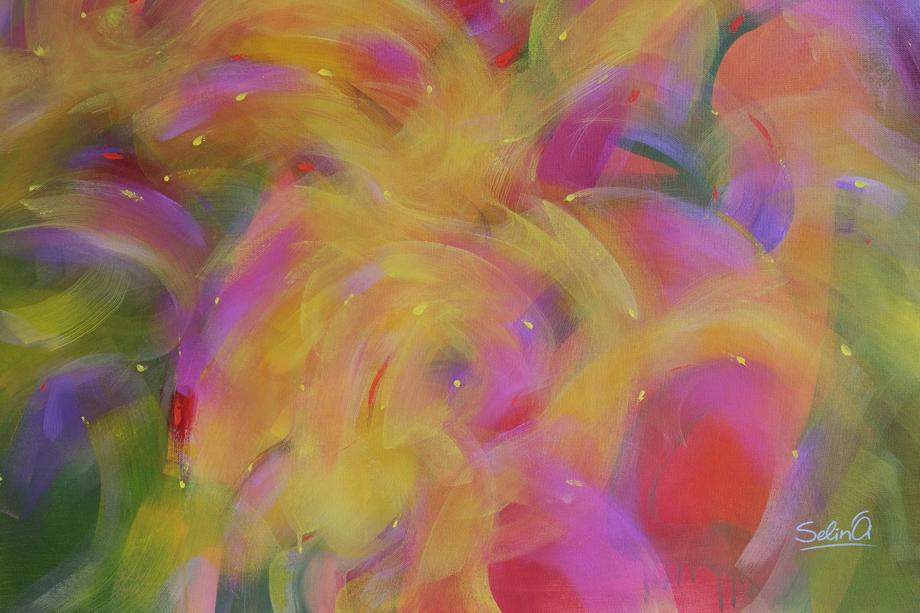 Warmes Licht, modernes, farbenfrohes abstraktes Gemälde 100x100cm von Anna Selina im Angebot 4