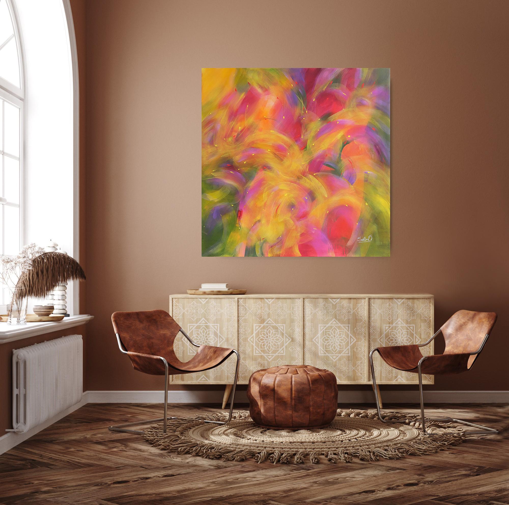 Warmes Licht, modernes, farbenfrohes abstraktes Gemälde 100x100cm von Anna Selina im Angebot 5