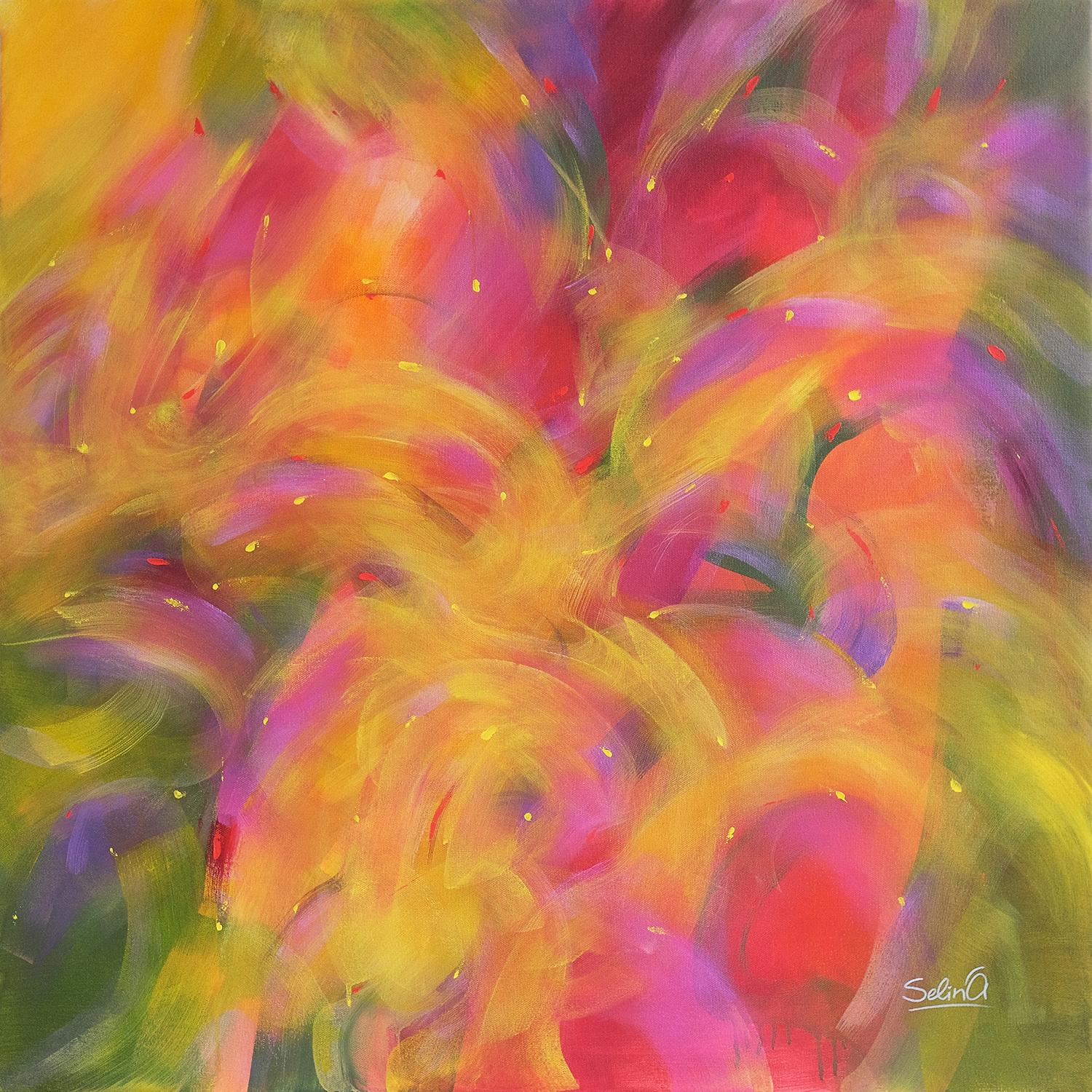Warmes Licht, modernes, farbenfrohes abstraktes Gemälde 100x100cm von Anna Selina
