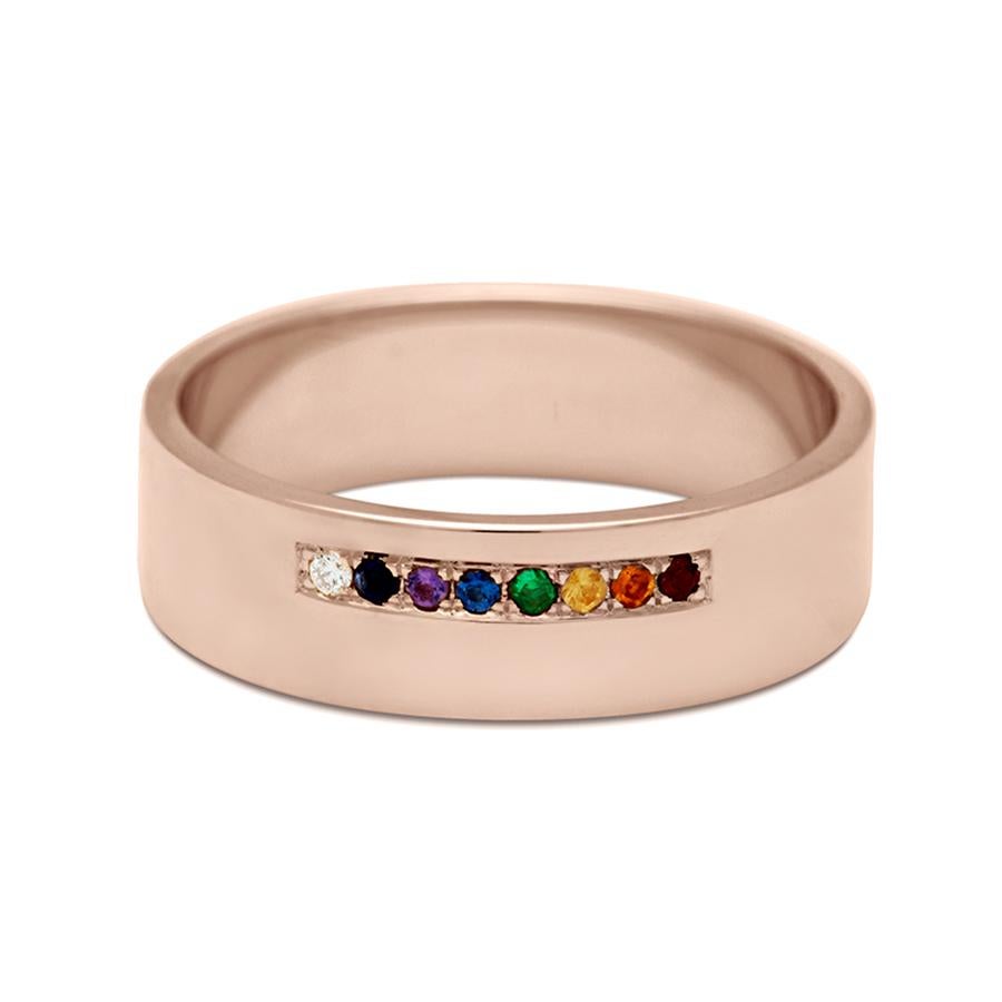 6mm band width with alternating white diamond, dark blue sapphire, amethyst, light blue sapphire, emerald, yellow sapphire, orange citrine, and ruby set in 14k recycled yellow, rose, or white gold.

Boldly brilliant and new to our Meridian series,