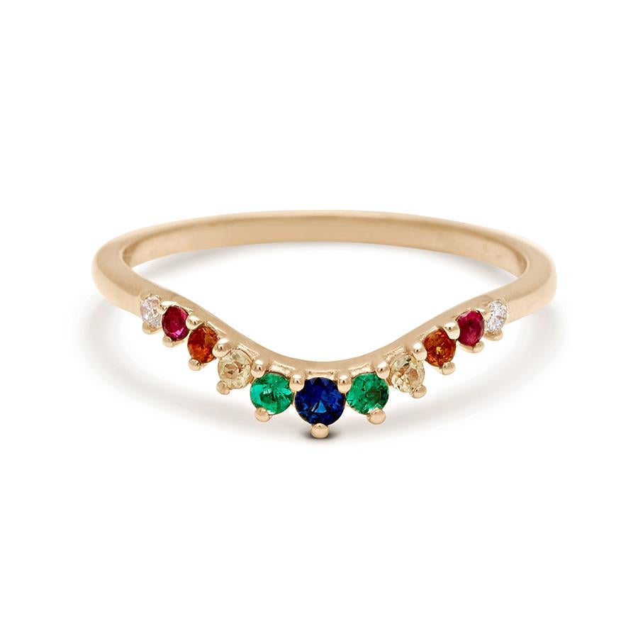 Approximately 0.35ctw multi colored sapphires, emeralds, rubies, and white diamonds set in recycled 14k rose, yellow, or white gold.

The Tiara Curve band consists of eleven, graduating prong set stones and fits the contour of almost any engagement