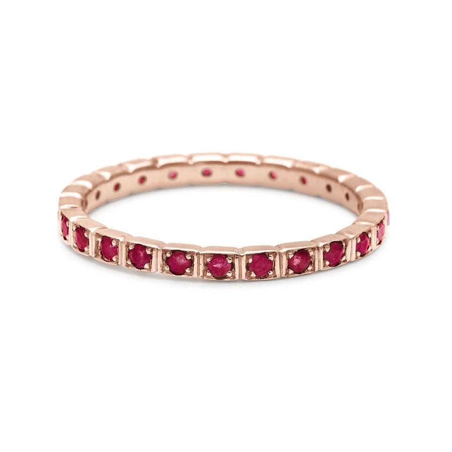 2mm band width, approximately 0.42ct rubies set in 14k yellow, rose, or white gold.

Each ruby is unique and may vary in appearance from what is depicted on the site.

The Wheat Eternity band is perfectly petite. Available in any gold color of your