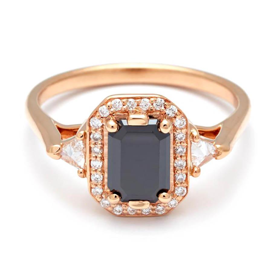 Emerald Cut Anna Sheffield 14 Karat Rose Gold Black & White Diamond Bea Halo Ring For Sale