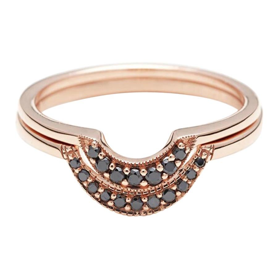 Anna Sheffield 14 Karat Rose Gold Black Diamond Crescent Wedding Band Pair For Sale