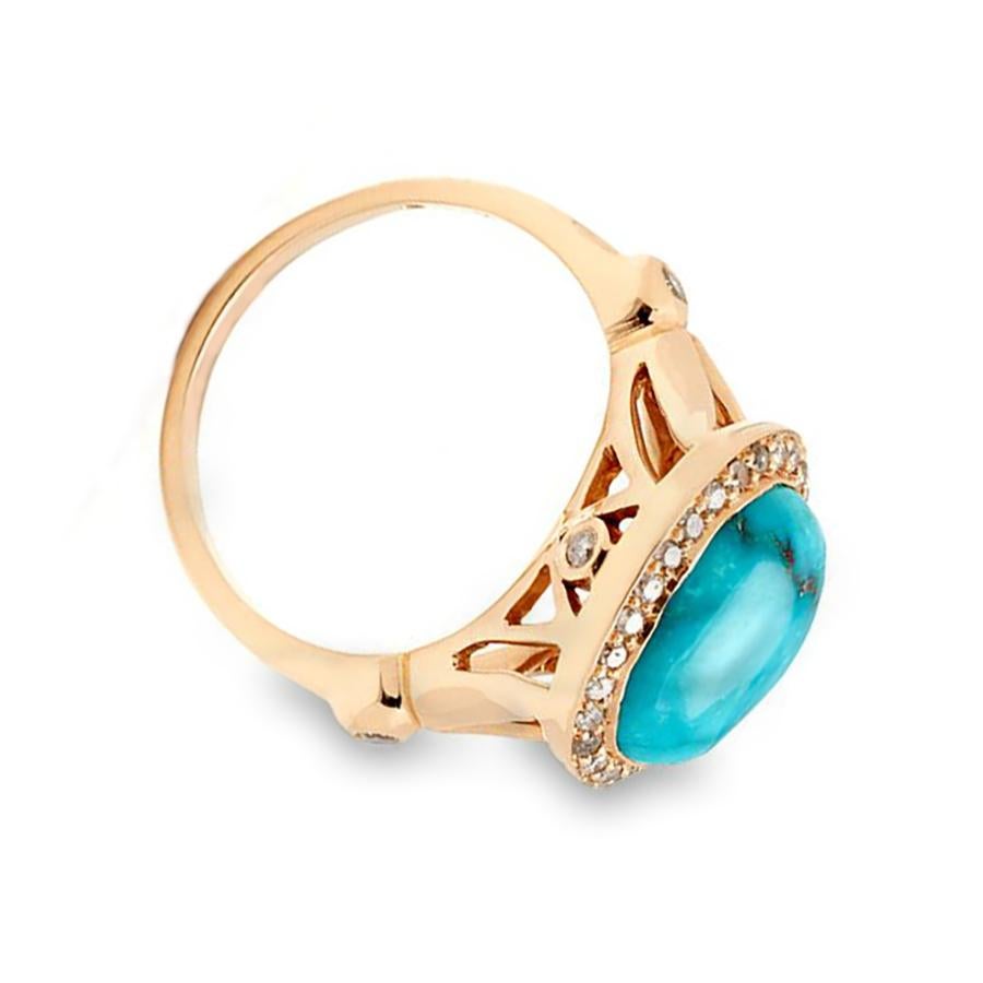 0.31ctw reclaimed grey diamond melee set in 14k recycled yellow gold.

(Size 6.75 available now)

A sister to her ceremonial counterpart, the Turquoise Luna features an exquisite and rare Bisbee turquoise center stone held aloft by the signature,