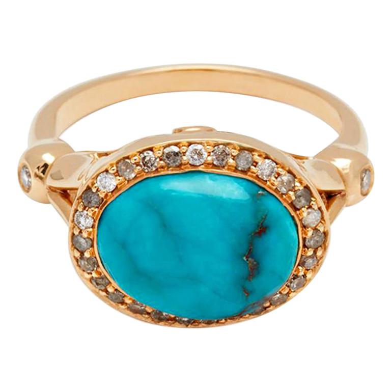 Anna Sheffield 14 Karat Yellow Gold, Turquoise and Grey Diamond Luna Ring For Sale