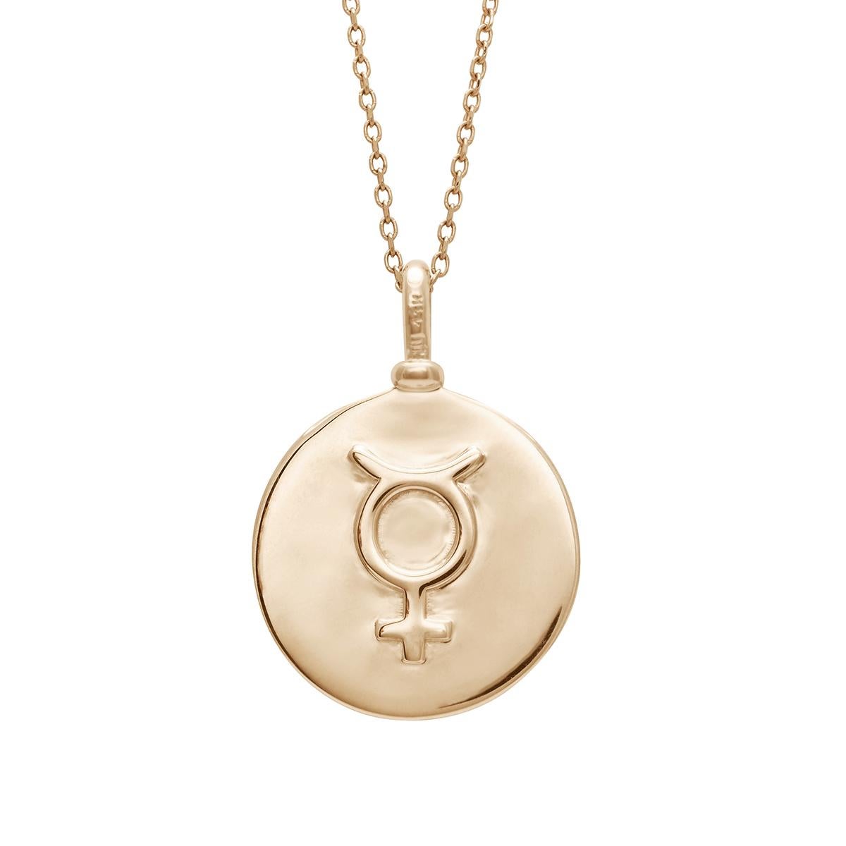 18mm, 14k yellow gold pendant with Virgo sign and 0.15 ctw white diamond (13 stones) constellation. The back of the pendant holds Virgo's ruling planet, Mercury. 16