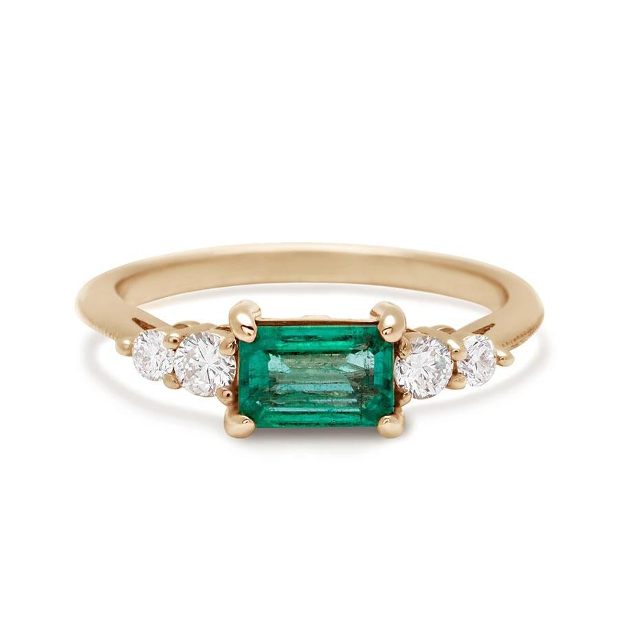 Emerald Cut Anna Sheffield 14k Gold Green Emerald & White Diamond Bea Five Stone Ring For Sale