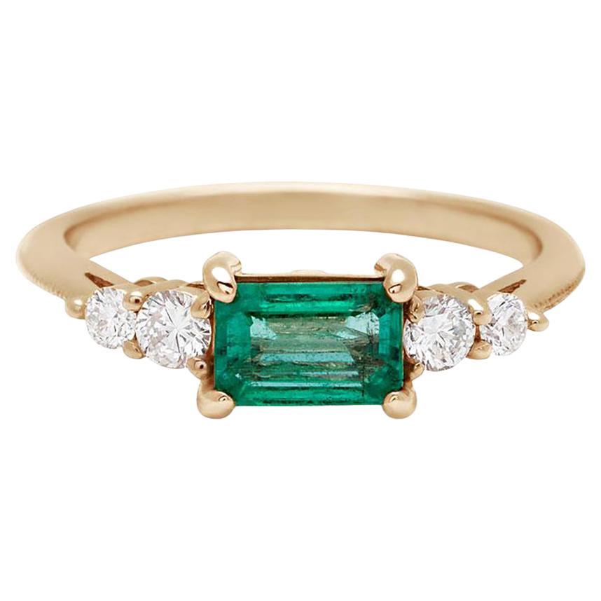 Anna Sheffield 14k Gold Green Emerald & White Diamond Bea Five Stone Ring For Sale