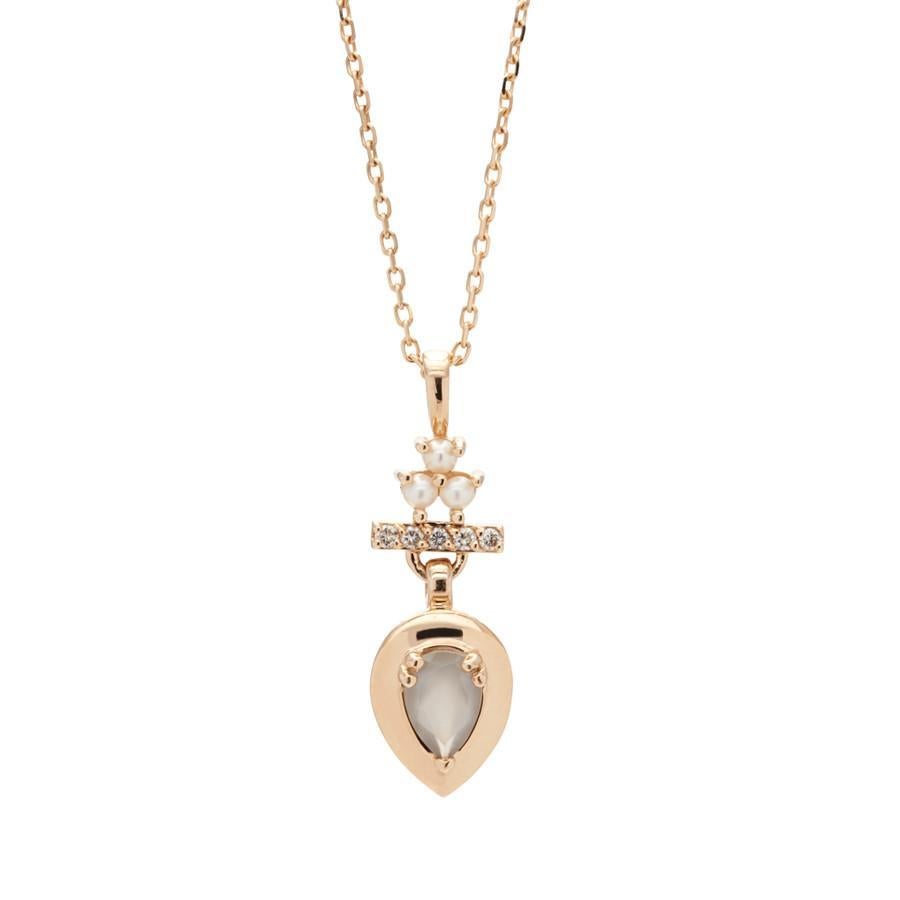 14k yellow, rose, or white gold, 6x4mm pear shaped grey moonstone, 0.125ctw champagne diamonds and pearls, pendant measures 23.3mm, 20