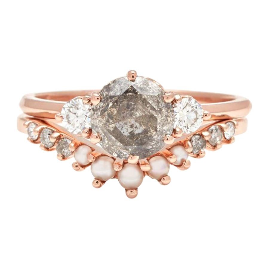 Anna Sheffield 14k Gold Grey & White Diamond and Seed Pearl Hazeline Ring Suite For Sale