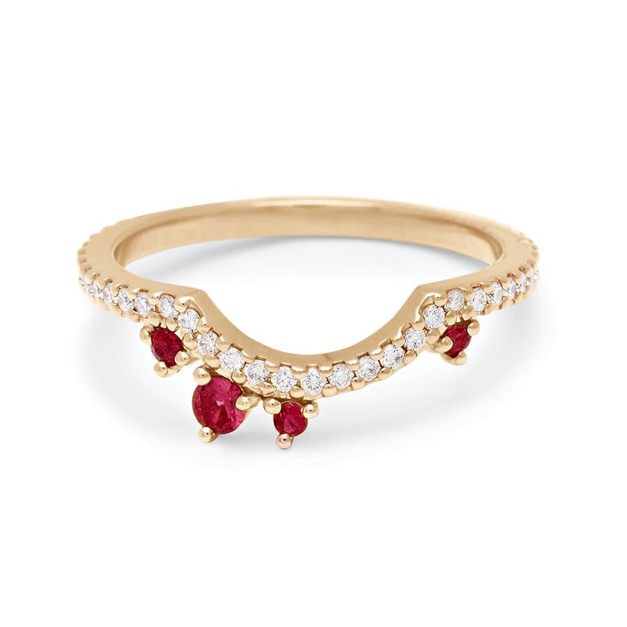 Round Cut Anna Sheffield 14k Gold Ruby & White Diamond Dusted Meridian Scallop Band For Sale