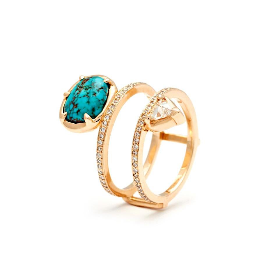 Oval Bisbee turquoise with a 0.37ct champagne diamond trillion, 0.43ctw champagne diamond pave set in 14k yellow gold.

The Heritage Project is an offering exclusive to the Anna Sheffield store comprised of luxe, diamond-dusted, silver and gold