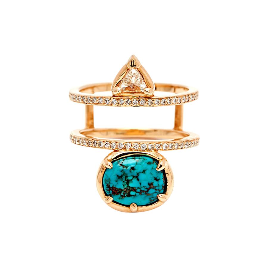 Anna Sheffield 14k Gold Turquoise & Champagne Diamond Reverse Attelage Ring For Sale
