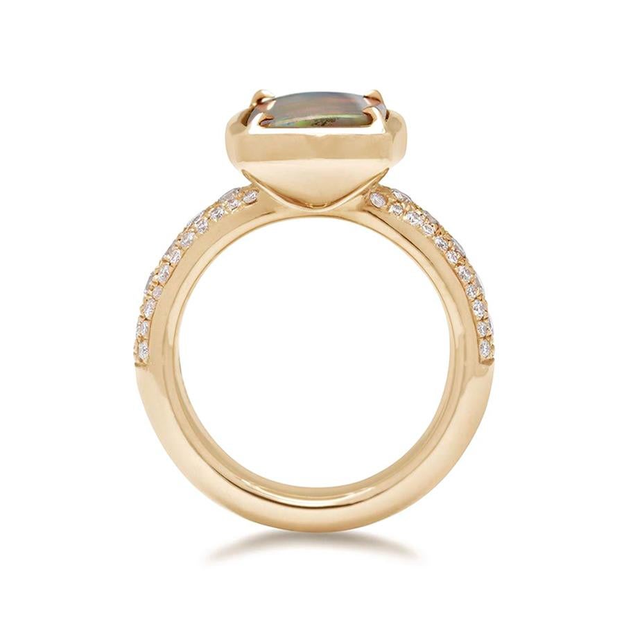 Emerald Cut Anna Sheffield 14k Yellow Gold, Black Opal & Grey Diamond Eleonore Tria Ring For Sale