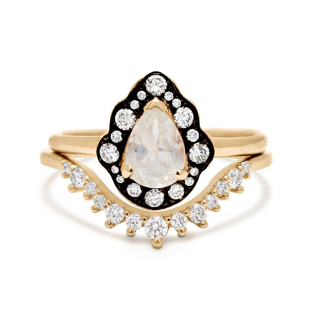 Pear Cut Anna Sheffield 14k Yellow Gold Rainbow Moonstone & Diamond Camellia Ring Suite For Sale