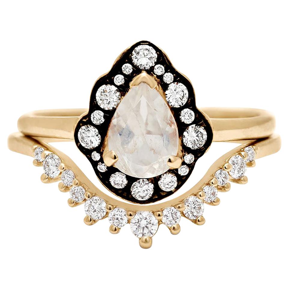 Anna Sheffield 14k Yellow Gold Rainbow Moonstone & Diamond Camellia Ring Suite For Sale