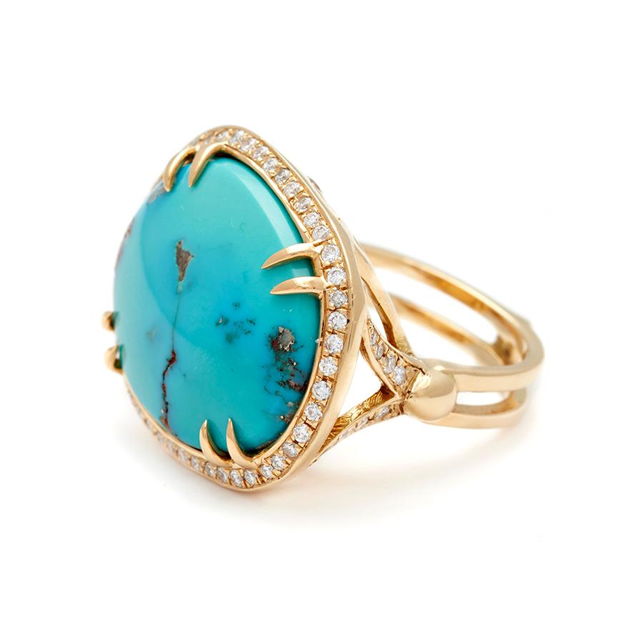 Part of the Anna Sheffield X Hayward Hopper edit for the Future Heritage Collection, the Hayward Luna Ring features an exquisite and rare 13.76ct oval  cabochon bisbee turquoise center stone held aloft by the signature, temple-like architectural