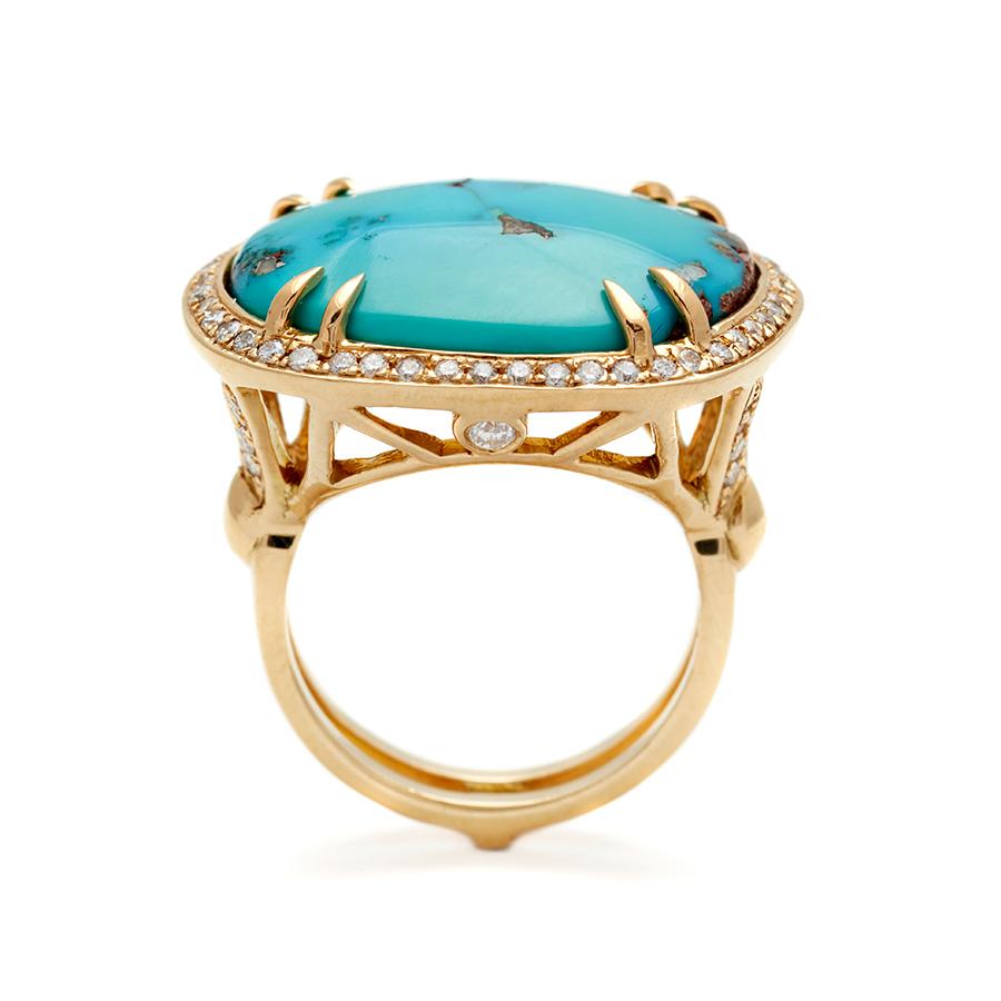 Round Cut Anna Sheffield 18 Karat Yellow Gold Turquoise & White Diamond Luna Heritage Ring For Sale