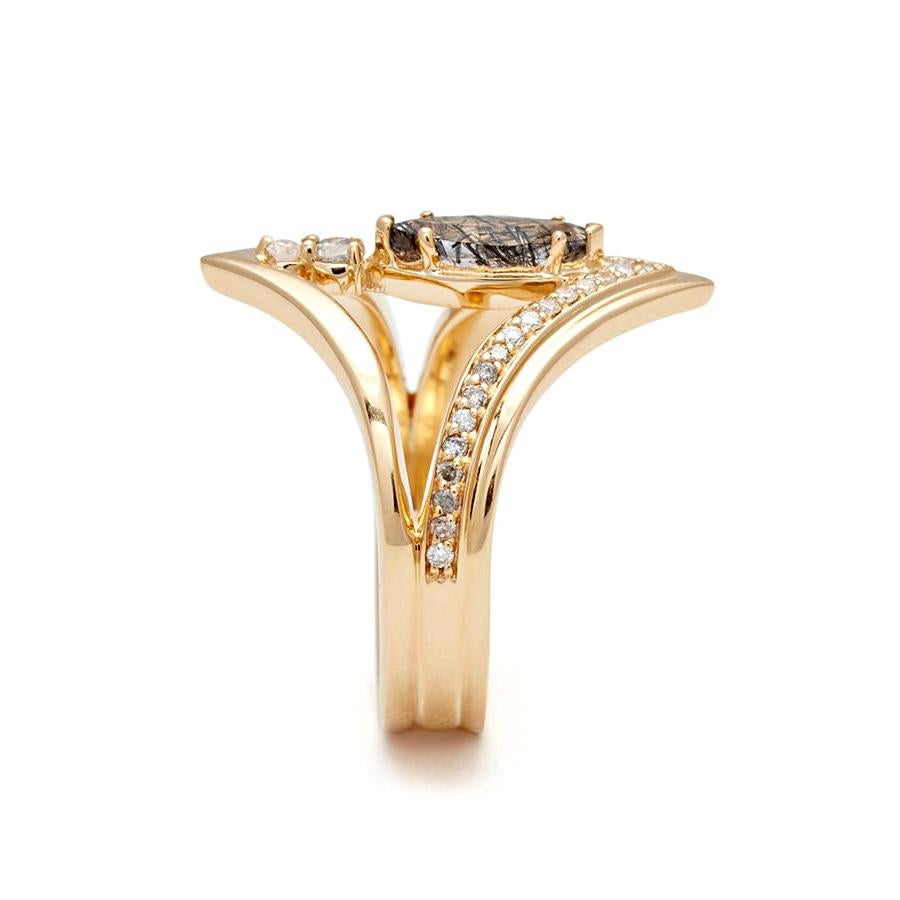 Marquise Cut Anna Sheffield 18k Gold Black Rutilated Quartz & Diamond Marquise Chrysalis Ring For Sale