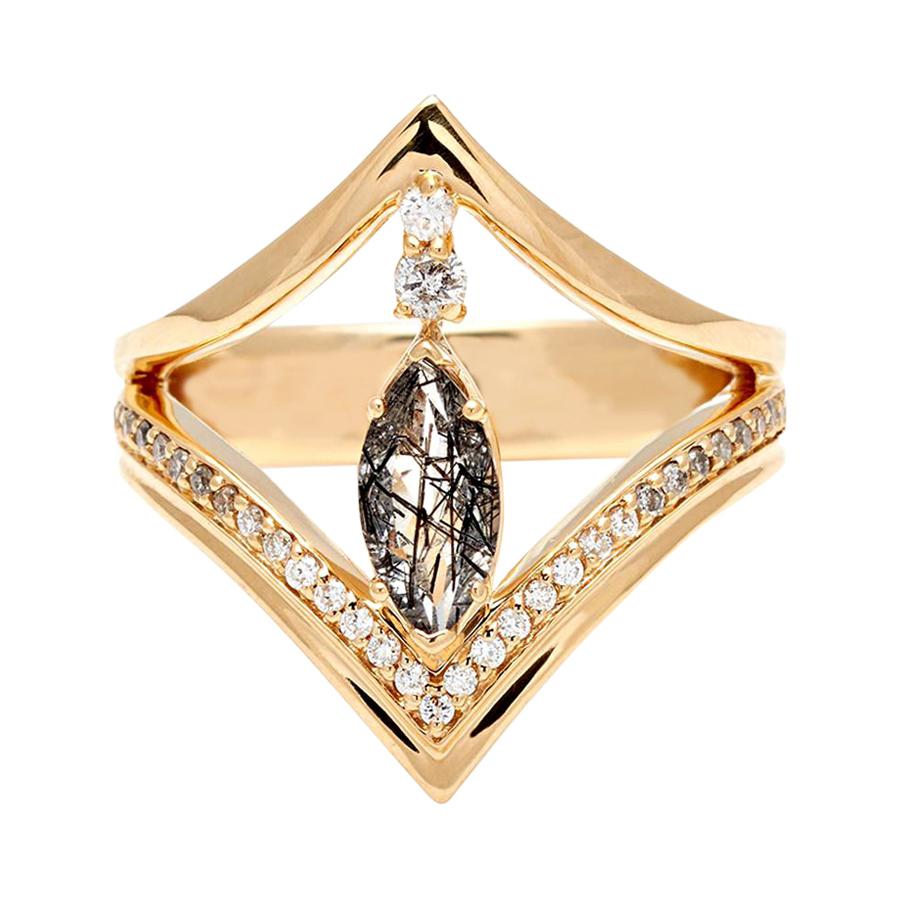 Anna Sheffield 18k Gold Black Rutilated Quartz & Diamond Marquise Chrysalis Ring For Sale