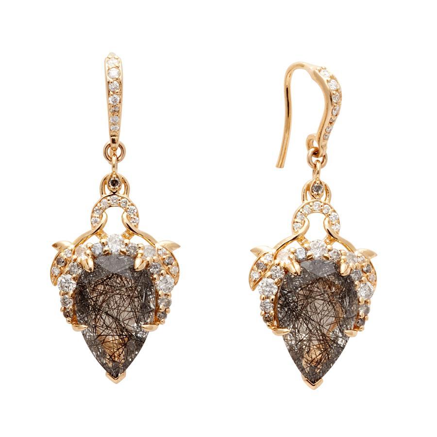 Anna Sheffield 18k Yellow Gold Rutilated Quartz & Grey Diamond Pear Earrings In New Condition For Sale In New York, NY