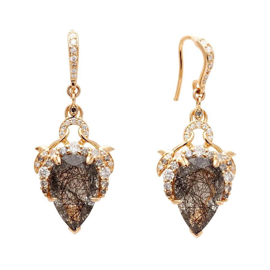 Anna Sheffield 18k Yellow Gold Rutilated Quartz & Grey Diamond Pear Earrings For Sale