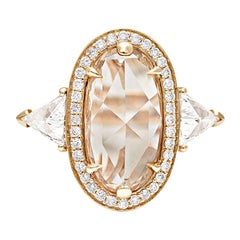 Anna Sheffield Oval 2 Carat Rose Cut Champagne Diamond Three Stone Halo Ring