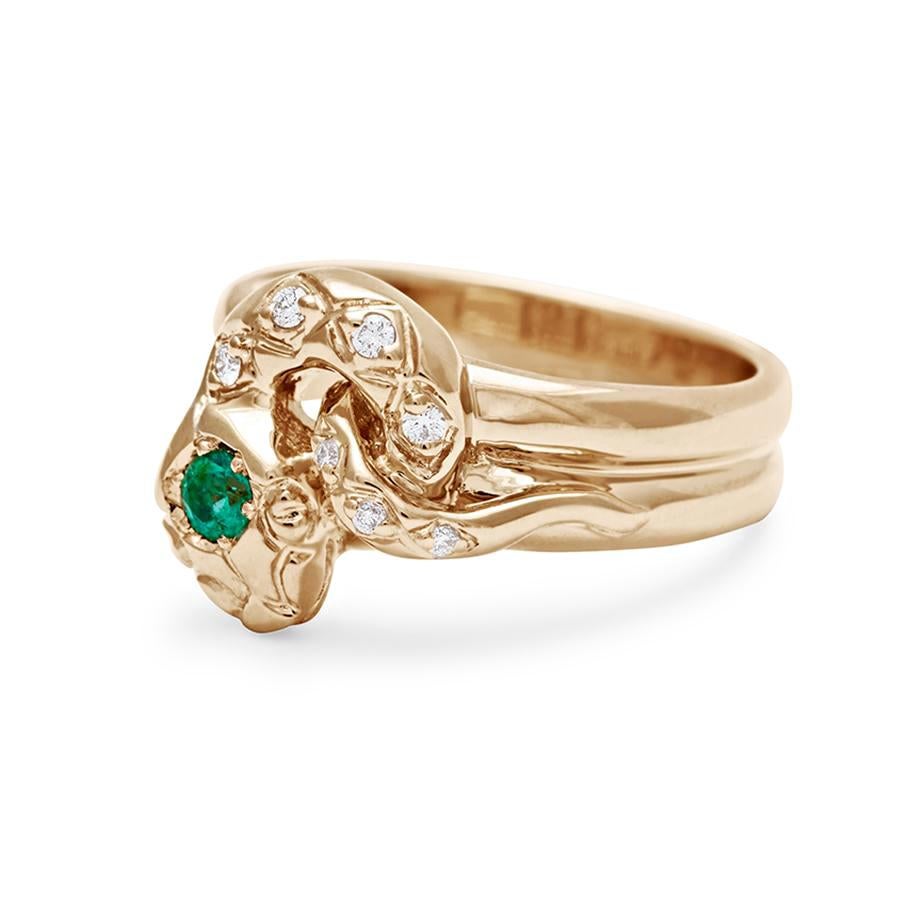 3mm Emerald with 0.15ctw white diamonds set in 14k yellow, white or rose gold

Each emerald is unique and may vary in appearance from what is depicted on the site.

The Serpent has symbolized eternal love since ancient times. Queen Victoria was