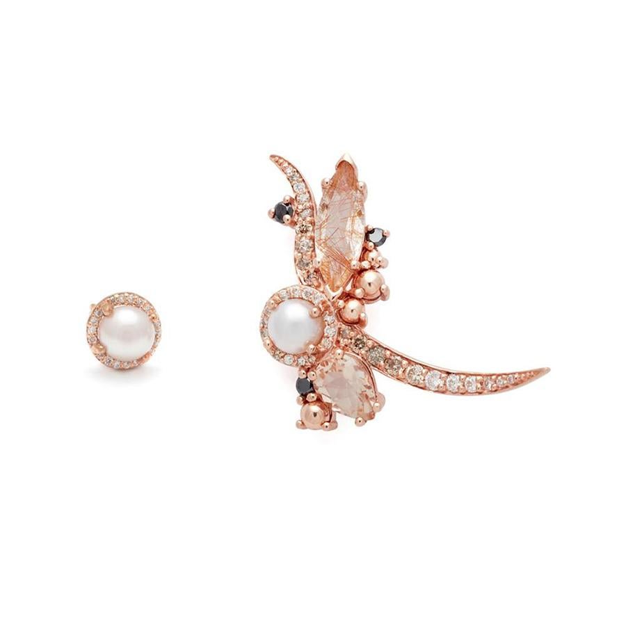 Butterfly earring (3.5cm x 2.5cm) with a pearl center, 12.5mm x 4.5mm marquise golden rutilated quartz, surrounded with peach morganite and rose gold ball accents with 0.37ctw black, champagne and white diamond pave in 14k rose gold.

A half-pair