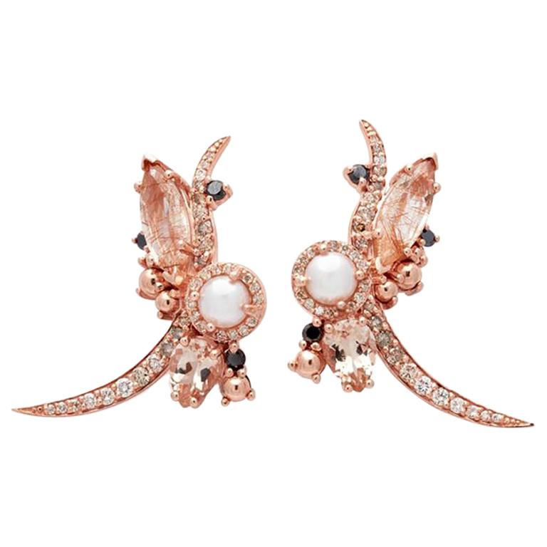 Anna Sheffield Pearl and Champagne Diamond Butterfly Earrings (Pair) For Sale