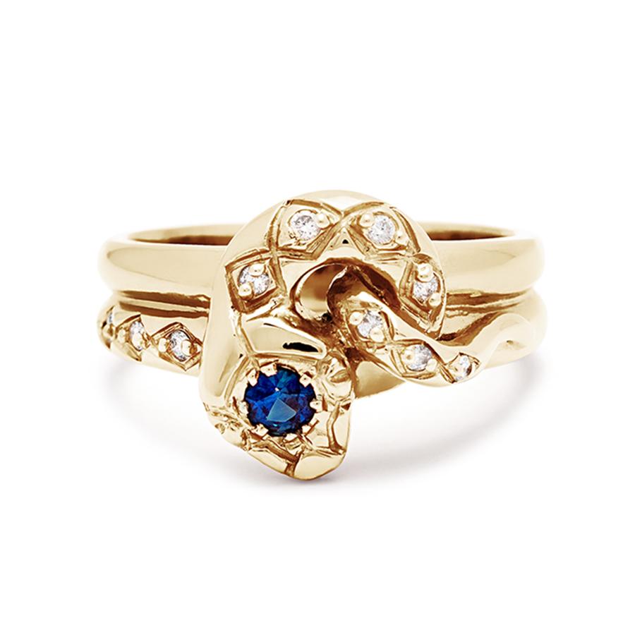 Round Cut Anna Sheffield Sapphire and White Diamond Victorian Serpent Ring For Sale